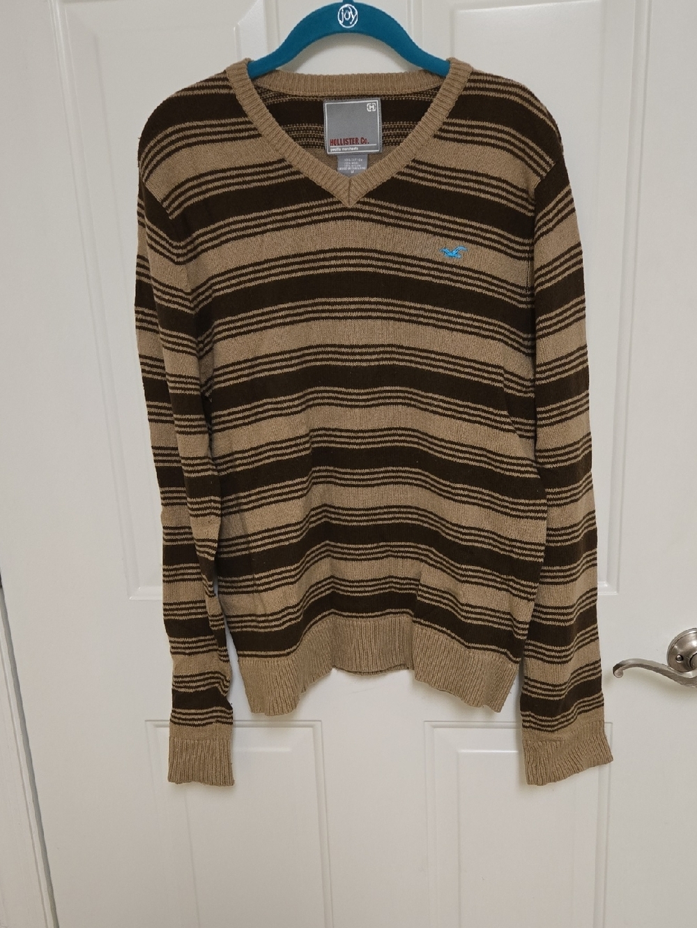 Hollister Men V-Neck Striped Brown & Tan Sweater with Blue Logo